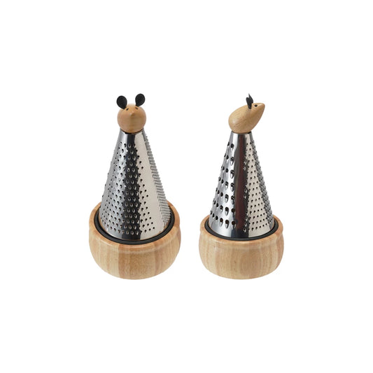 Stainless Steel 3-Sided Grater w/ Mouse Handle & Rubberwood Base, Set of 2