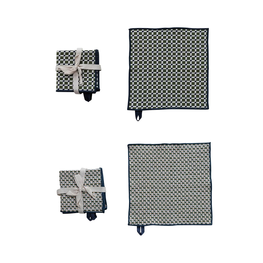 Woven Cotton Dish Cloths with Stitched Edge, Set of 3 Tied with Cotton Tape, 2 Styles