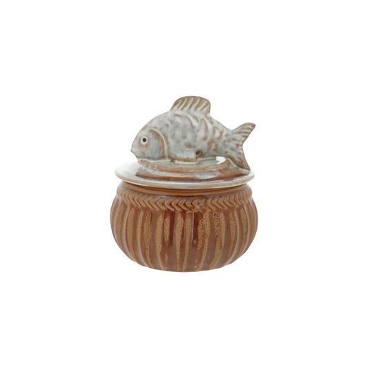 Stoneware Salt Cellar with Fish, Brown & White