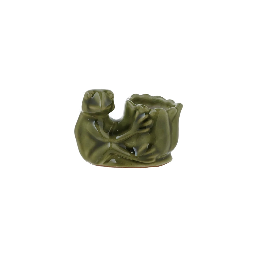 Match Holder + Stoneware Frog, Green (Each One Will Vary)