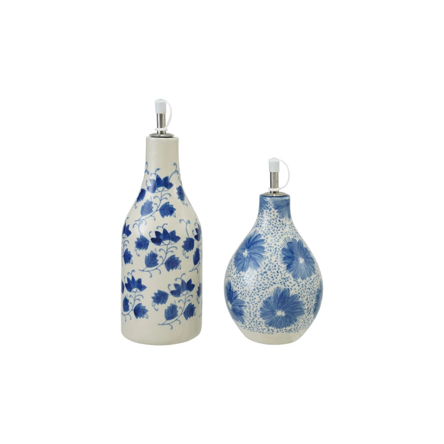Stoneware Oil Cruet with Floral Pattern, Stainless Steel Spout & Plastic Cover, 2 Styles