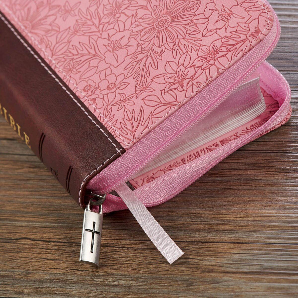 KJV Bible Mini Pocket Faux Leather, Pink/Saddle Tan w/zipper