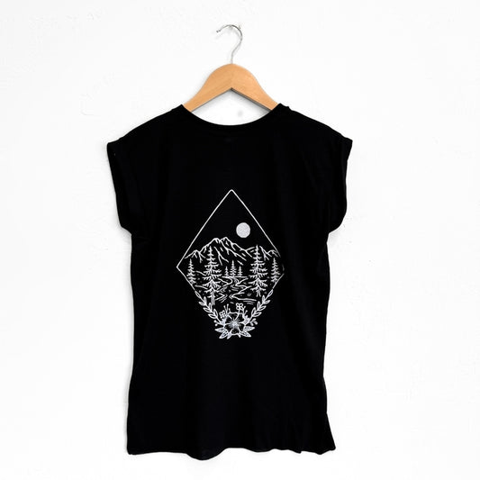 Take Me To the Wildflowers Ladies Rolled Sleeve - Black