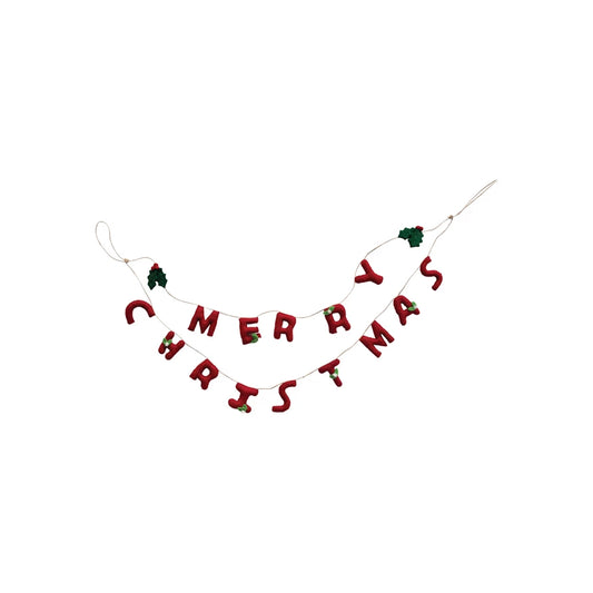 Handmade Wool Felt Garland w/ Holly Leaves & Berries "Merry Christmas", Red & Green