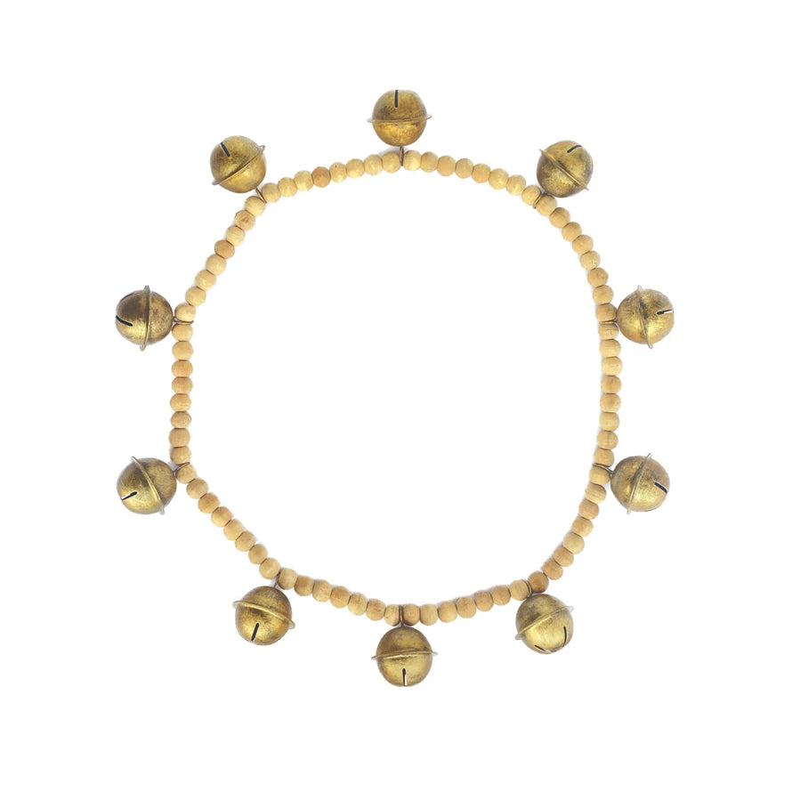 Wood Bead & Metal Bell Garland, Natural & Antique Gold Finish