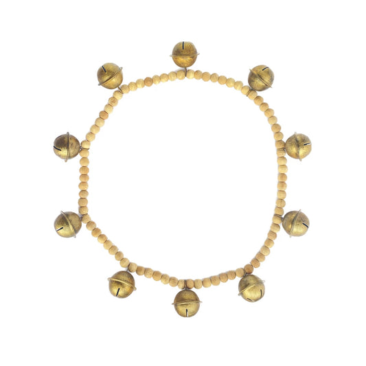 Wood Bead & Metal Bell Garland, Natural & Antique Gold Finish