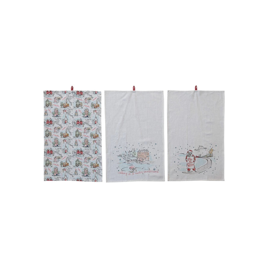 Cotton Printed Tea Towel w/ Holiday Scene/Pattern, Saying & Loop, 3 Styles