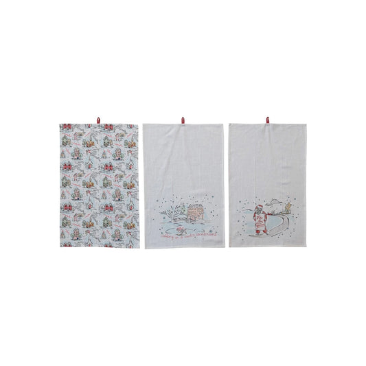 Cotton Printed Tea Towel w/ Holiday Scene/Pattern, Saying & Loop, 3 Styles