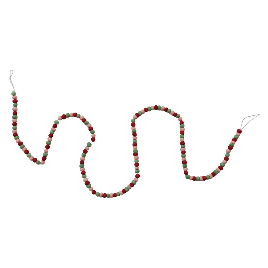 Handmade Wool Felt Ball Garland, Red, Green & Pink