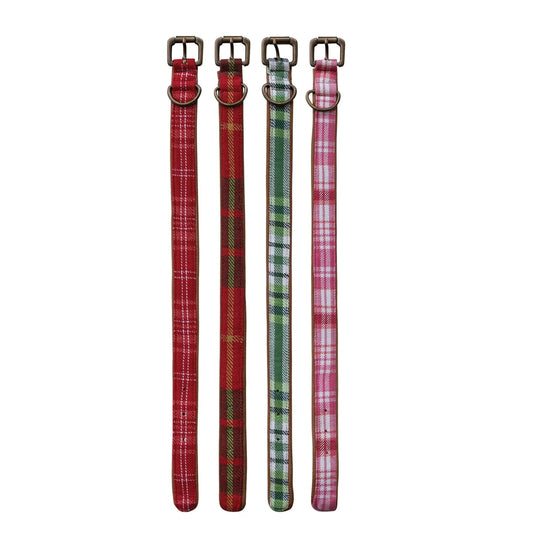 Cotton Flannel & Leather Dog Collar with Metal Buckle, 4 Styles, Small