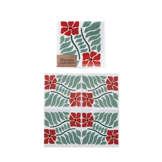 Paper Cocktail Napkins with Poinsettias (Contains 50 Folded Pieces)