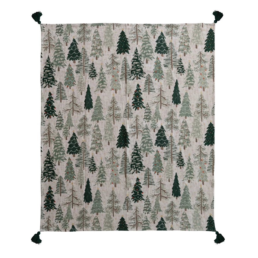 Cotton Printed Throw with Tree Pattern & Tassels