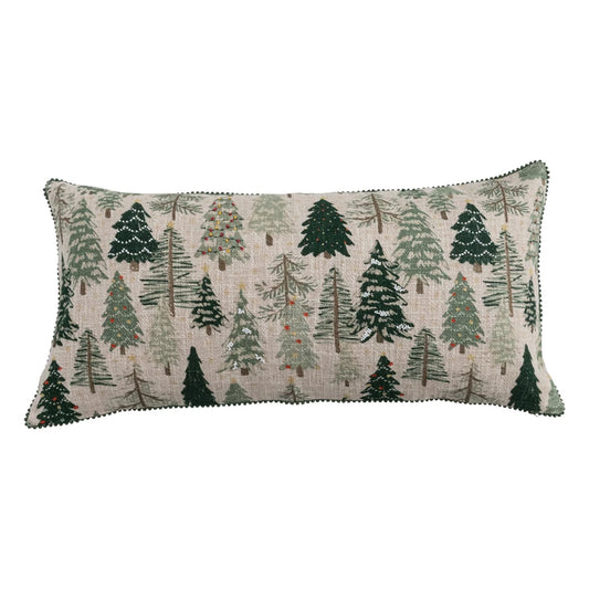 Cotton & Linen Slub Printed Lumbar Pillow with Tree Pattern, Beads & Mini Pom Pom Trim