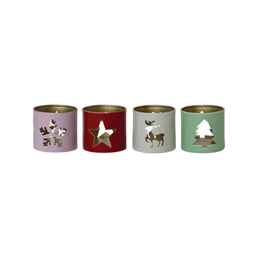 Enameled Metal Tealight Holder with Holiday Icon Cut-Outs, 4 Styles