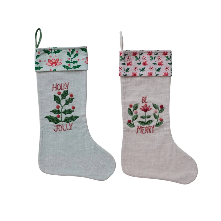 Cotton Printed Stocking with Embroidery, Beads & Patterned Cuff, 2 Styles ©