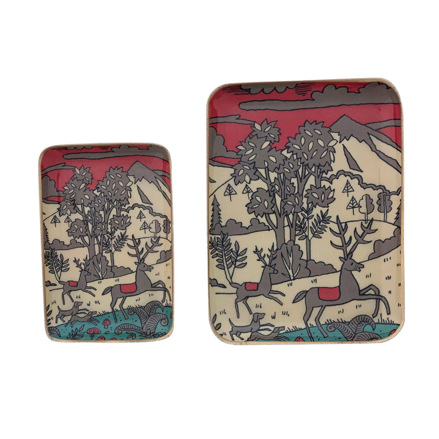 Enameled Metal Trays with Winter Scene, Reindeer & Gold Edges, Set of 2 ©
