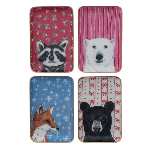 Enameled Metal Tray with Holiday Pattern, Animal & Gold Edge, 4 Styles ©