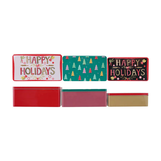 Tins with Lids & Pattern/"Happy Holidays", Set of 3 ©