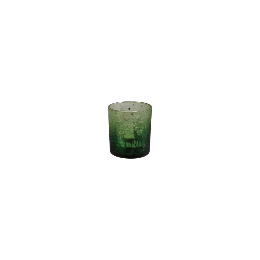 Mercury Glass Tealight/Votive Holder with Laser Etched Scene, Green