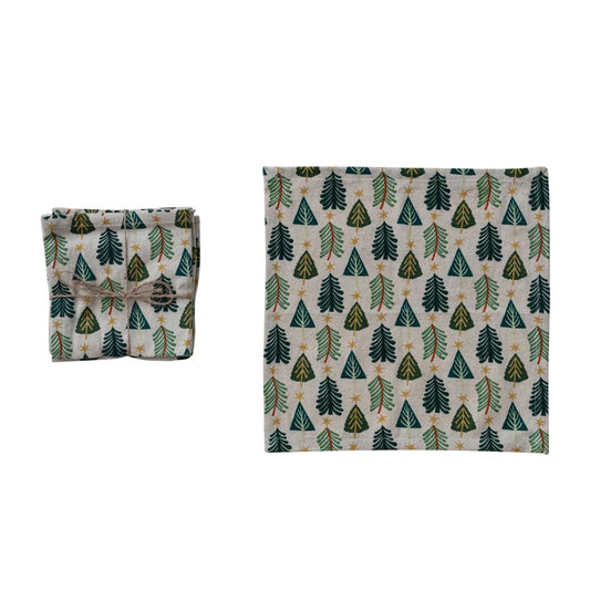 Cotton & Linen Printed Cocktail Napkins with Tree Pattern, Set of 4 Tied with Jute ©