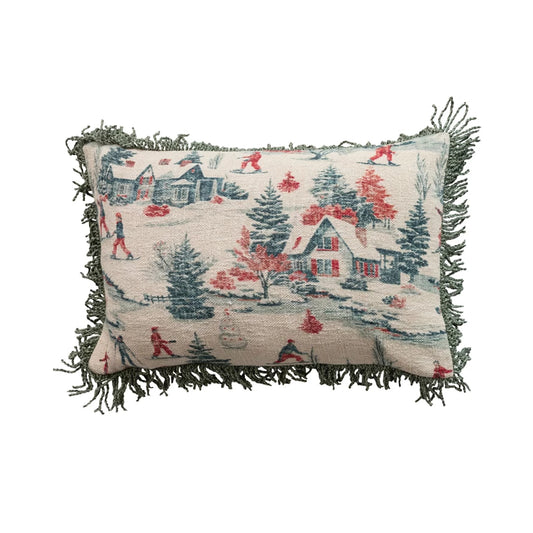 Cotton Slub Printed Lumbar Pillow with Ski Scene & Bullion Fringe