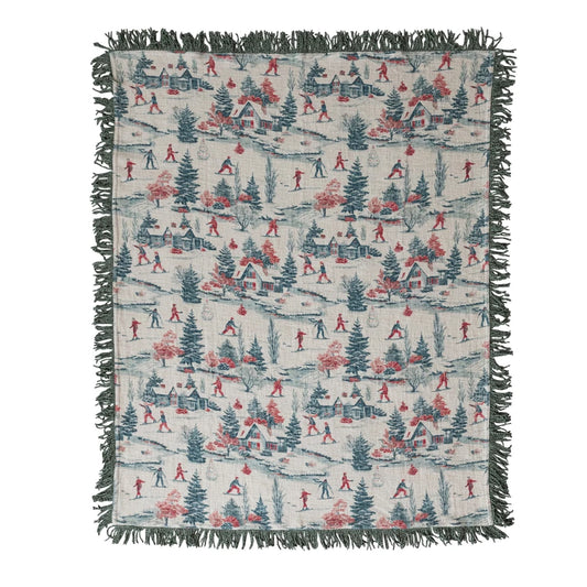 Cotton Slub Printed Throw with Ski Scene & Bullion Fringe