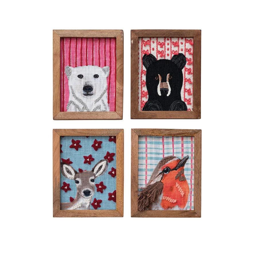 Wood Framed Cotton Embroidered Wall Decor with Holiday Pattern & Animal, 4 Styles ©