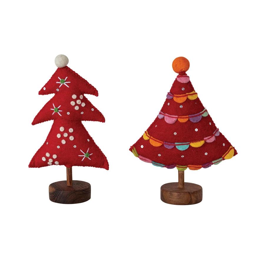 Handmade Wool Felt Christmas Tree with Embroidery, Sequins, Pom Pom & Wood Base, 2 Styles