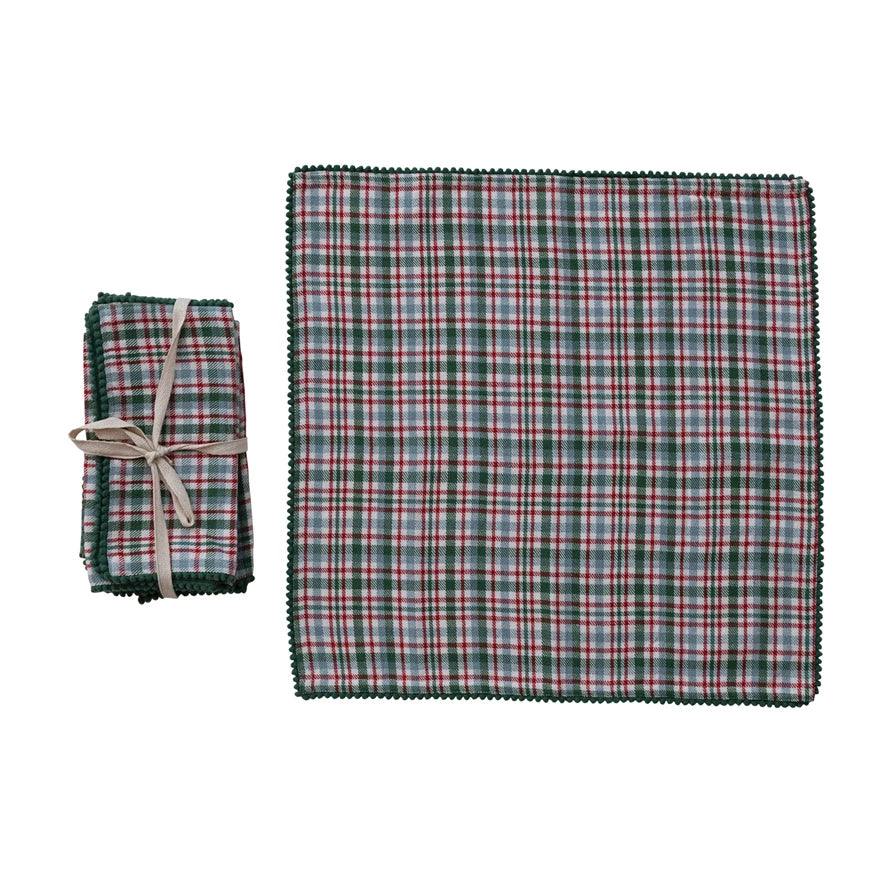 Woven Cotton Napkins with Plaid Pattern & Mini Pom Pom Trim, Set of 4 Tied with Cotton Tape
