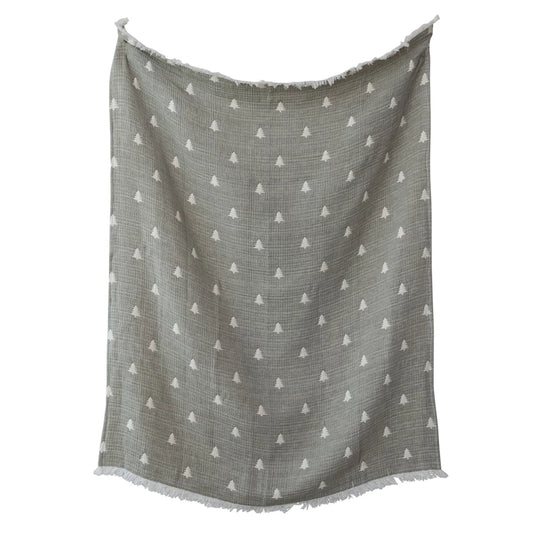 Cotton Double Cloth Throw with Trees, Eyelash Fringe & Hand-Embroidered Kantha Stitch