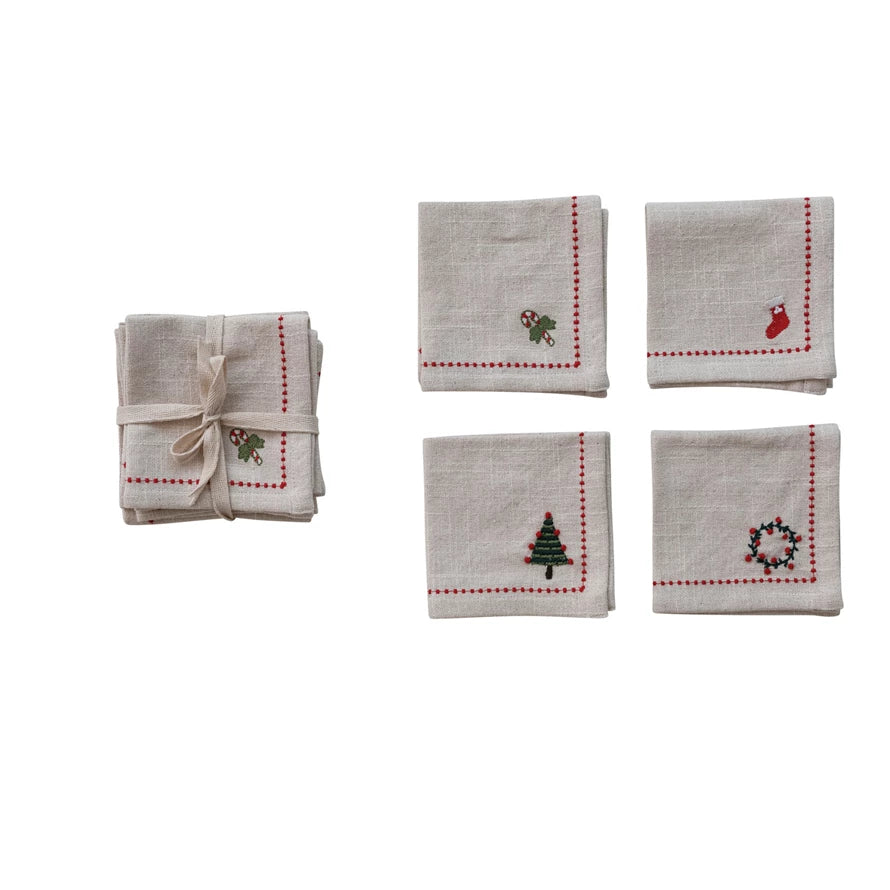 Woven Cotton Cocktail Napkins with Border Stitch, Set of 4 Tied with Cotton Tape