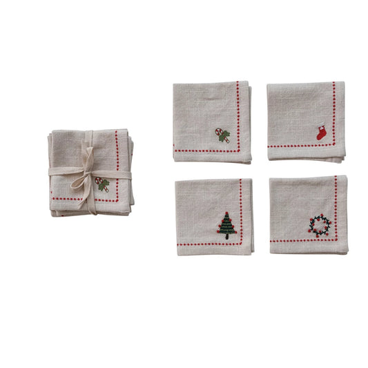 Woven Cotton Cocktail Napkins with Border Stitch, Set of 4 Tied with Cotton Tape