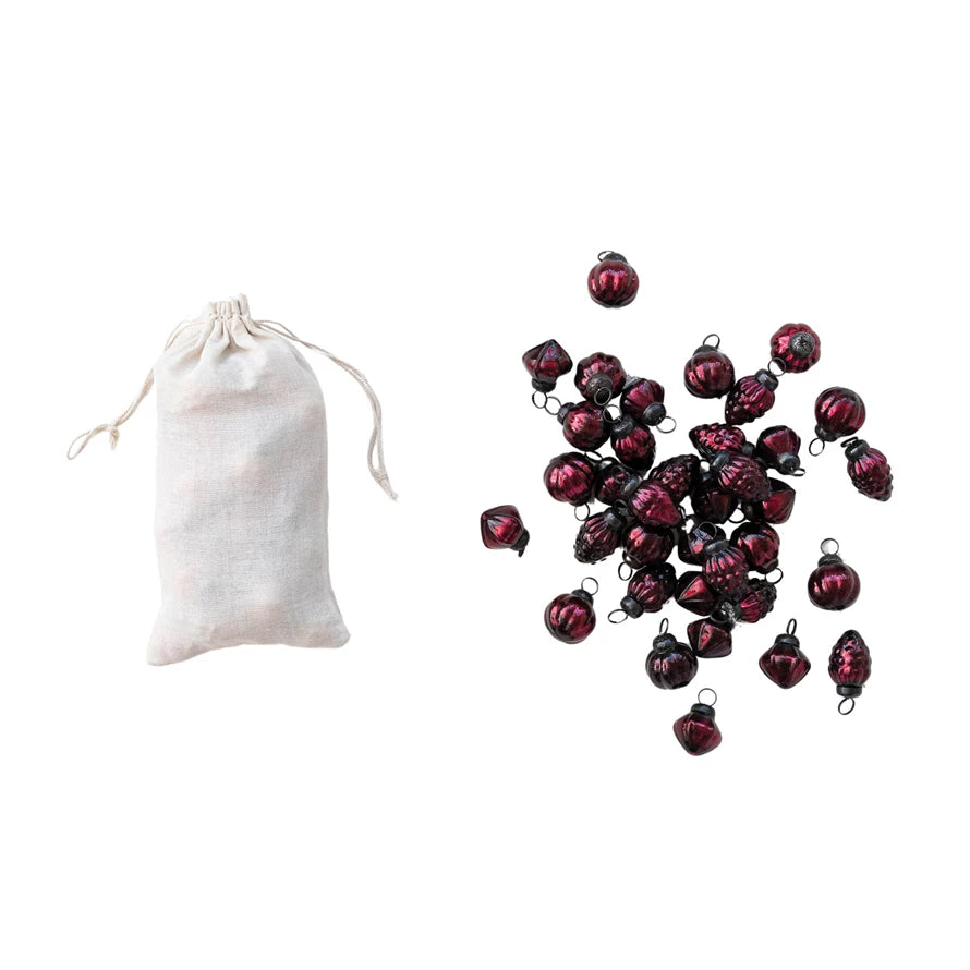 Embossed Mercury Glass Ornaments in Muslin Bag, Burgundy, Set of 36
