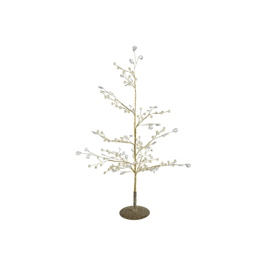 Faux Pearl, Acrylic Jewel & Metal Wire Tree with Glitter Base, Gold Finish