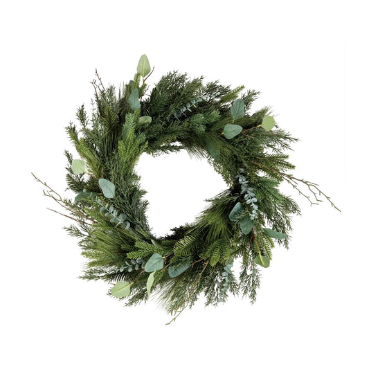 Faux Pine, Eucalyptus & Laurel Wreath with Twigs