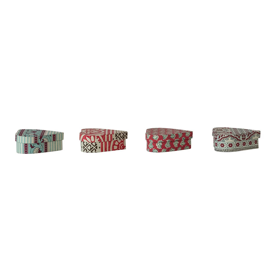 Handmade Recycled Block Printed Paper Heart Shaped Gift Box with Vintage Pattern, 4 Styles