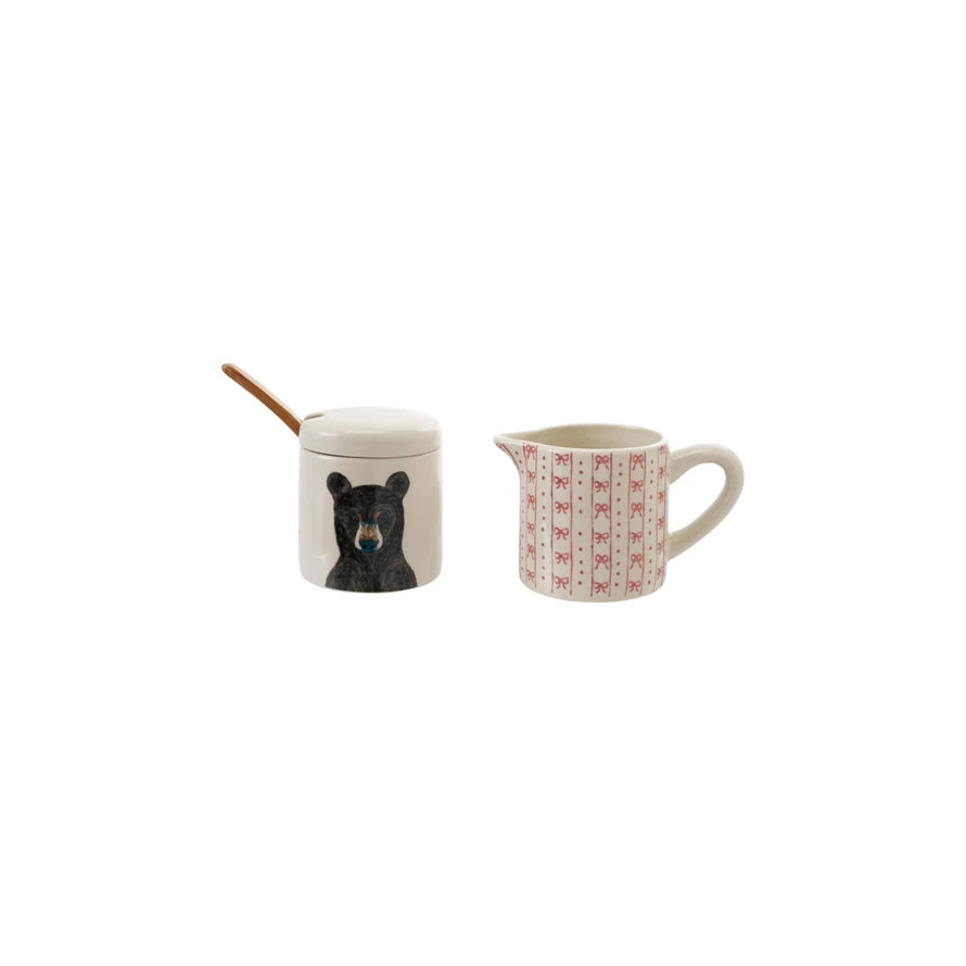 4 oz. Stoneware Creamer with Stoneware Sugar Pot with Lid & Wood Spoon, Set of 3 ©