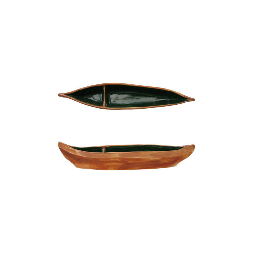 Hand-Painted Stoneware Canoe Shaped Dish with 2 Sections (Each One Will Vary) ©