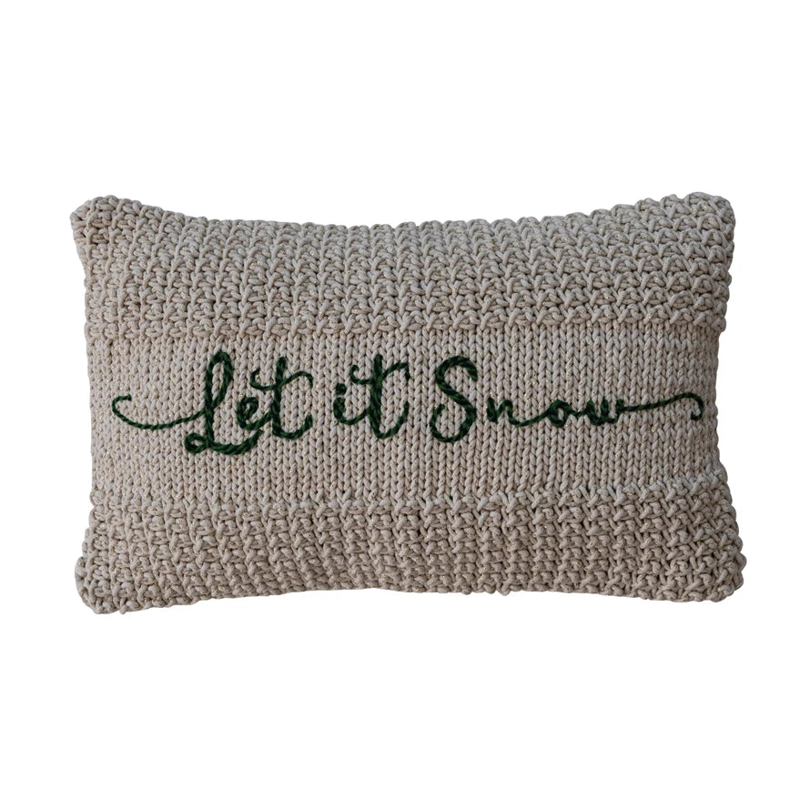 Cotton Knit Macrame Lumbar Pillow with Metallic Gold Thread Embroidery "Let It Snow"