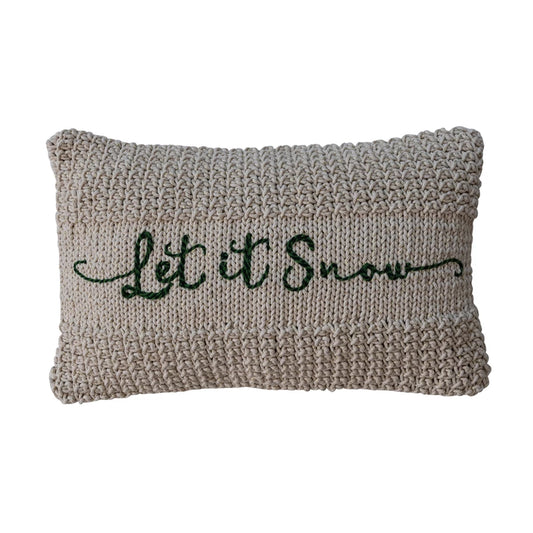 Cotton Knit Macrame Lumbar Pillow with Metallic Gold Thread Embroidery "Let It Snow"