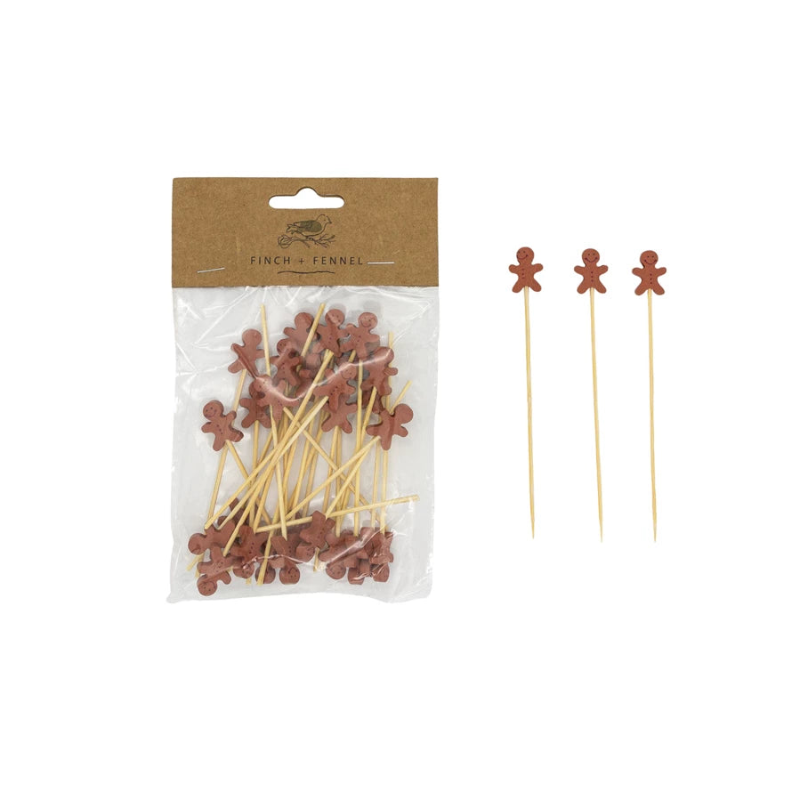 Bamboo Single Use Picks w/ Gingerbread Man Shaped Handles, Natural & Brown, Set of 50