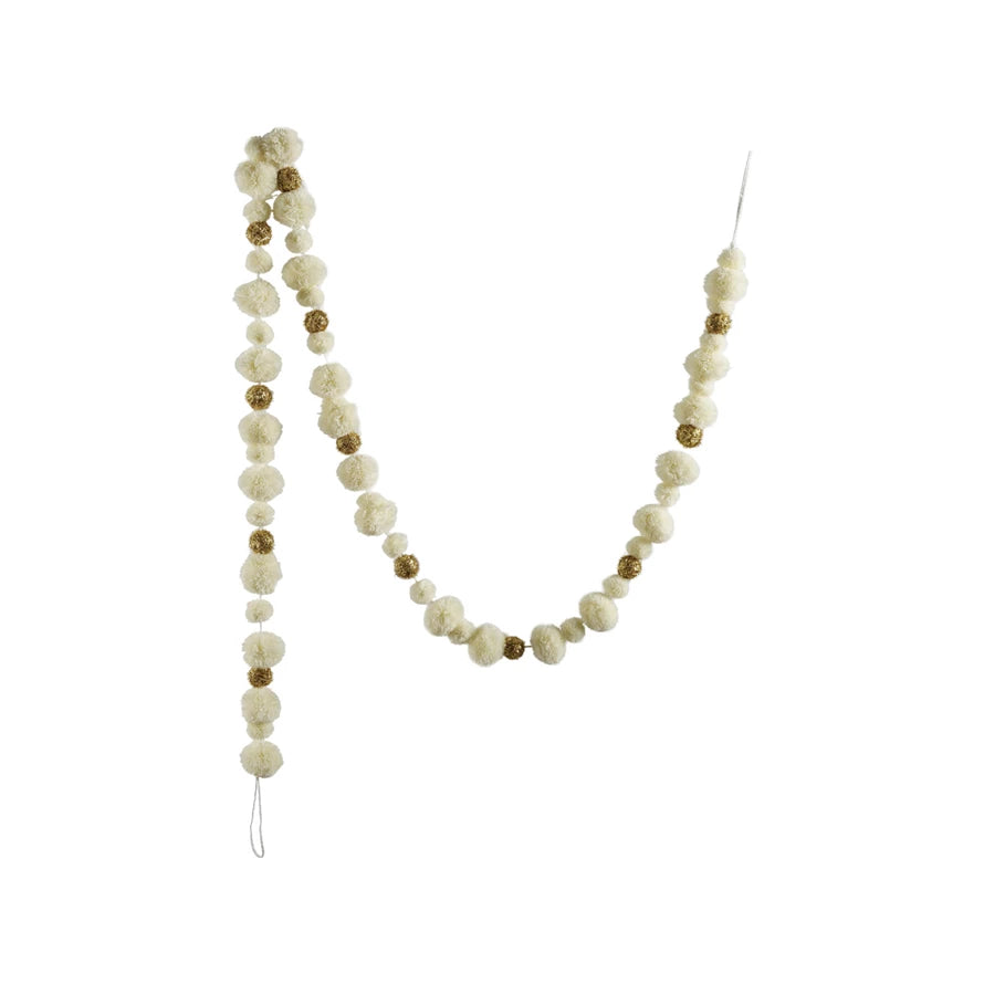 Fabric Pom Pom Garland, White & Gold Color